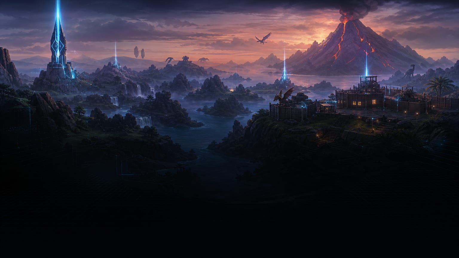 Palworld-inspired server island landscape with MANAfuel brand lighting