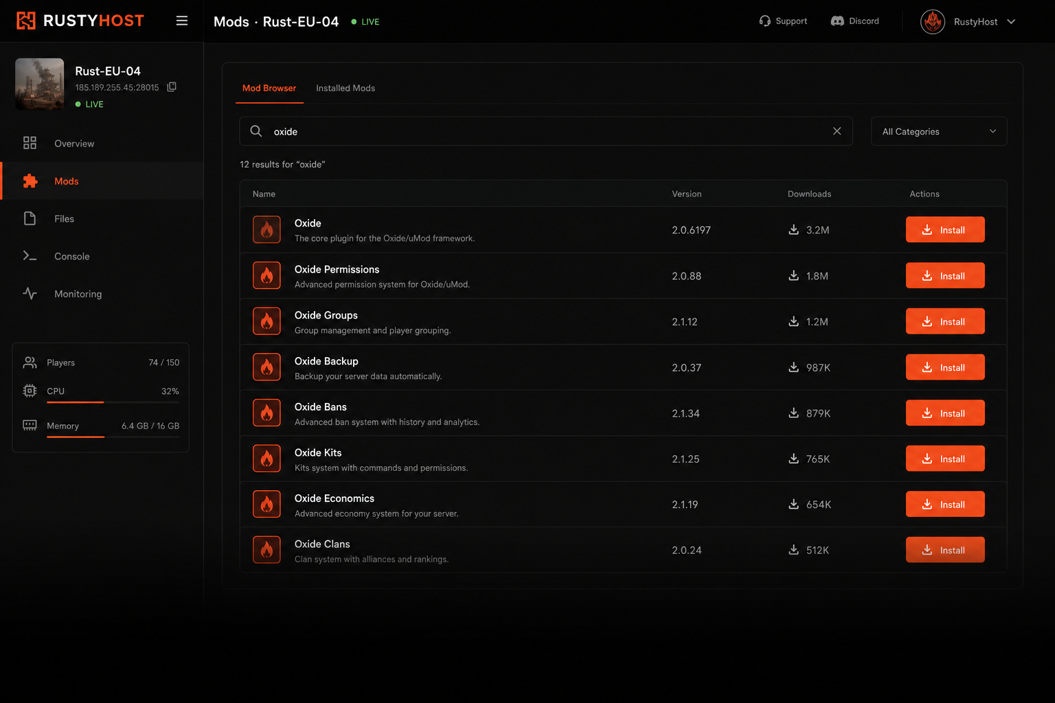 Rust server with Oxide plugins installed through MANAfuel dashboard