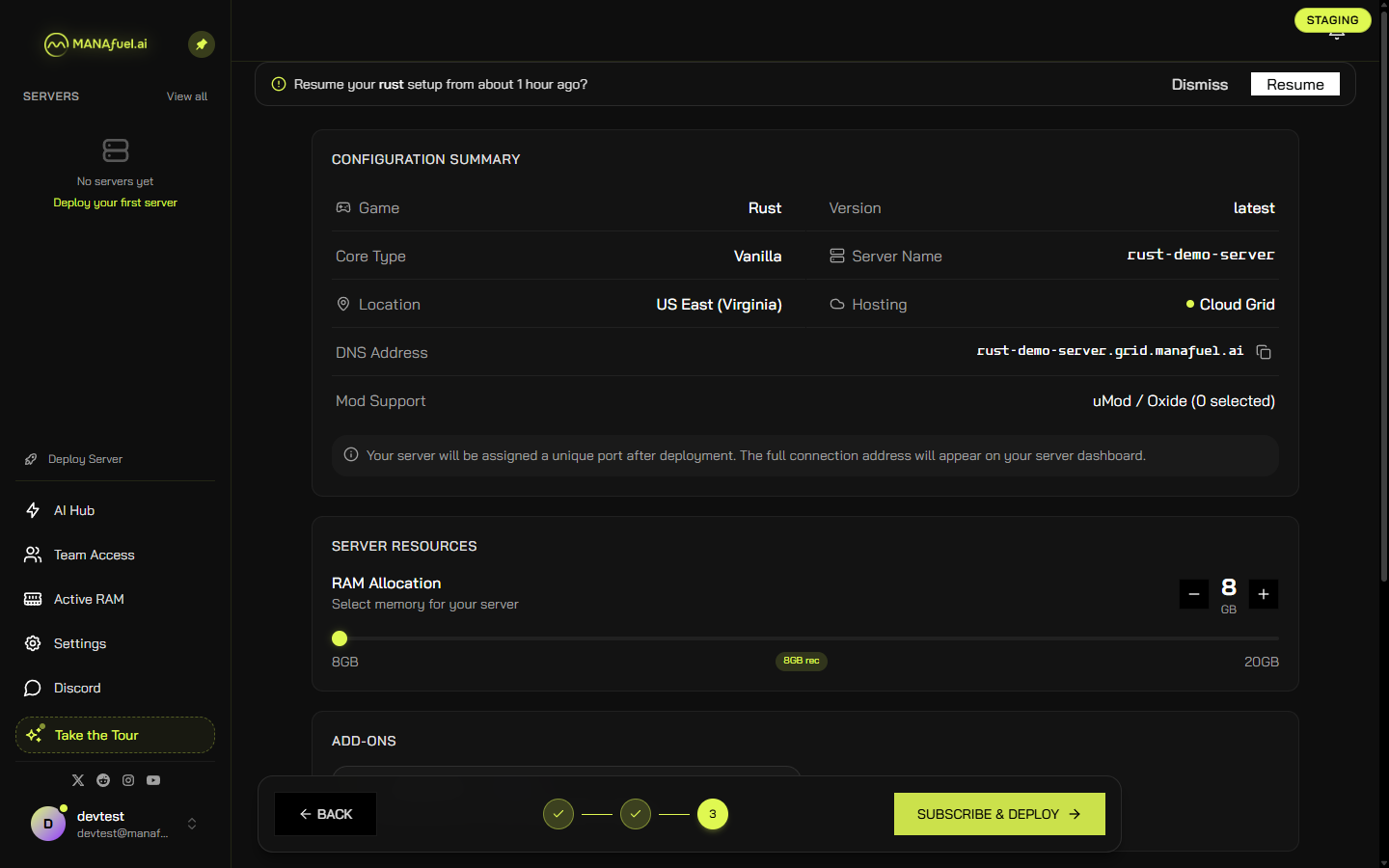 MANAfuel deploy review page showing Rust server configuration: version latest, US East Virginia, 8GB RAM, uMod/Oxide mod support, and Subscribe & Deploy button